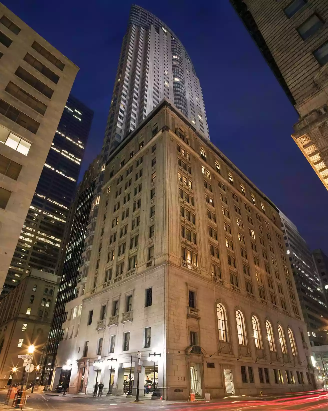 1 King St. West, Toronto. Exterior photo at night.
